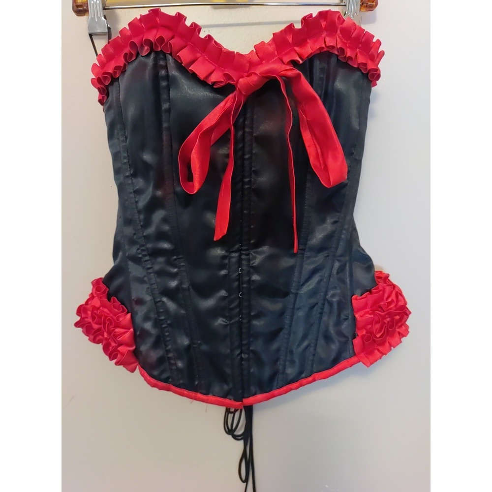 Burlesk Women Sexy‎ Black Satin Red Ruffled Trim Lace Up Back Corset Size M
